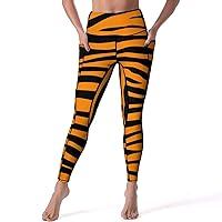 Tiger Stripes Casual Yoga Pants with Pockets High Waist Lounge Workout Leggings for Women