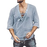 Mens Lightweight Casaul 3/4 Sleeve T Shirt Fashion Simple Solid Color Lace Up V Neck Pullover Plus Size Sexy Versatile Tops