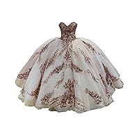 2024 Rose Gold Sequined Lace Applique Ball Gown Sweetheart Tulle Prom Quinceanera Dress for Women Crystal