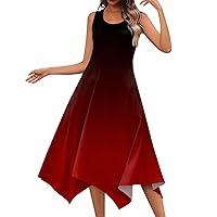 Irregular Hem Dress Ladies 2024 Round Neck Loose Sleeveless Trendy Midi Women's Printing Breathable for Women