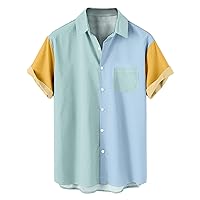 Blusas Elegantes Hombres Camisa de retazos Color bolsillo Camisetas Cuello vuelto Camiseta Manga Corta Botón Tela
