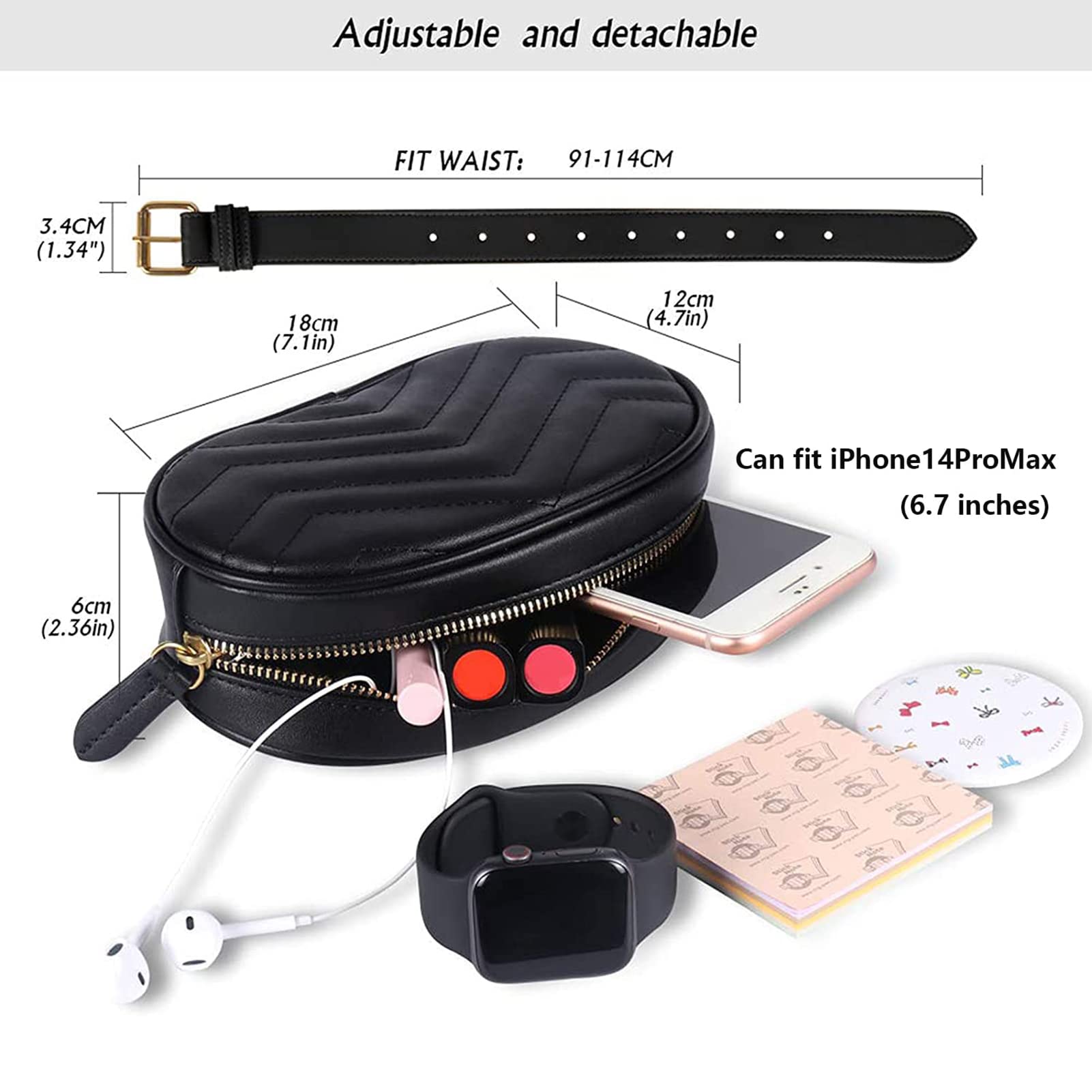 Geestock Fanny Packs for Women Fashionable, Black Leather Waist Bags Waterproof Belt Bag Stylish Bumbag for Party, Travel, Gift