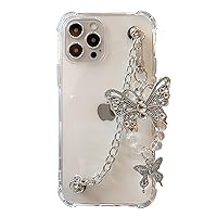 HSYHERE Girls Women Beautiful Elegant Butterfly Theme Transparent Soft TPU Silicone Rubber Phone Case for iPhone 13 Mini +Metal Butterfly Strap Bracelet Chain Lanyard Full Body Strong Protection