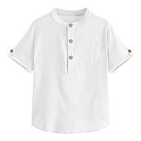 Boys Short Sleeve Henley Shirt Button Up Linen Cotton Dress Shirts Tees Tops with One Pocket