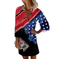 America Dress Patriotic Dress for Women Sexy Casual Vintage Print with 3/4 Length Sleeve Deep V Neck Independence Day Dresses Blue X-Large