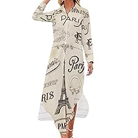Paris Calligraphy Shirt Dresses for Women Elegant Button Down Front Long Sleeve Maxi Dress