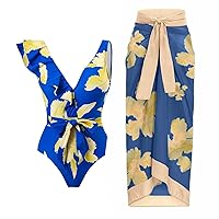 Tummy Control Swimsuits for Women One Piece Bathing Suit with Beach Wrap Skirt Retro Print Swimwear Sexy Push Up Beachwear
