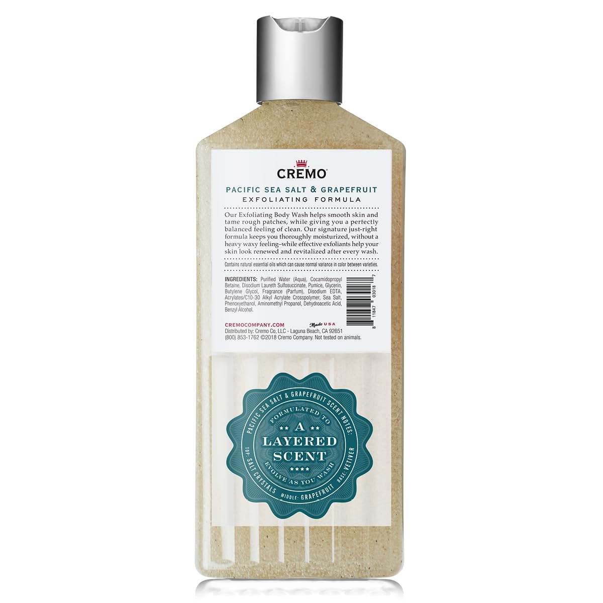 Cremo Exfoliating Pacific Sea Salt & Grapefruit Body Wash, A Refreshing Scent with Notes of Fresh Mint, Citron, Cedar and Moss, 16 Fl Oz