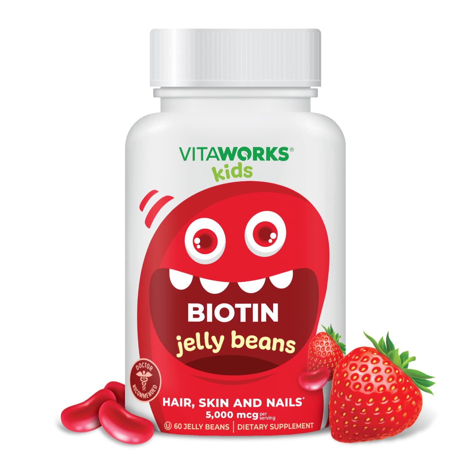VitaWorks Kids Biotin 5000mcg Jelly Beans - Tasty Natural Strawberry Blast Flavor - Vegan, GMO-Free, Gluten Free, Nut Free - Dietary Supplement - Hair Skin and Nails Vitamins for Children - 60 Jellies