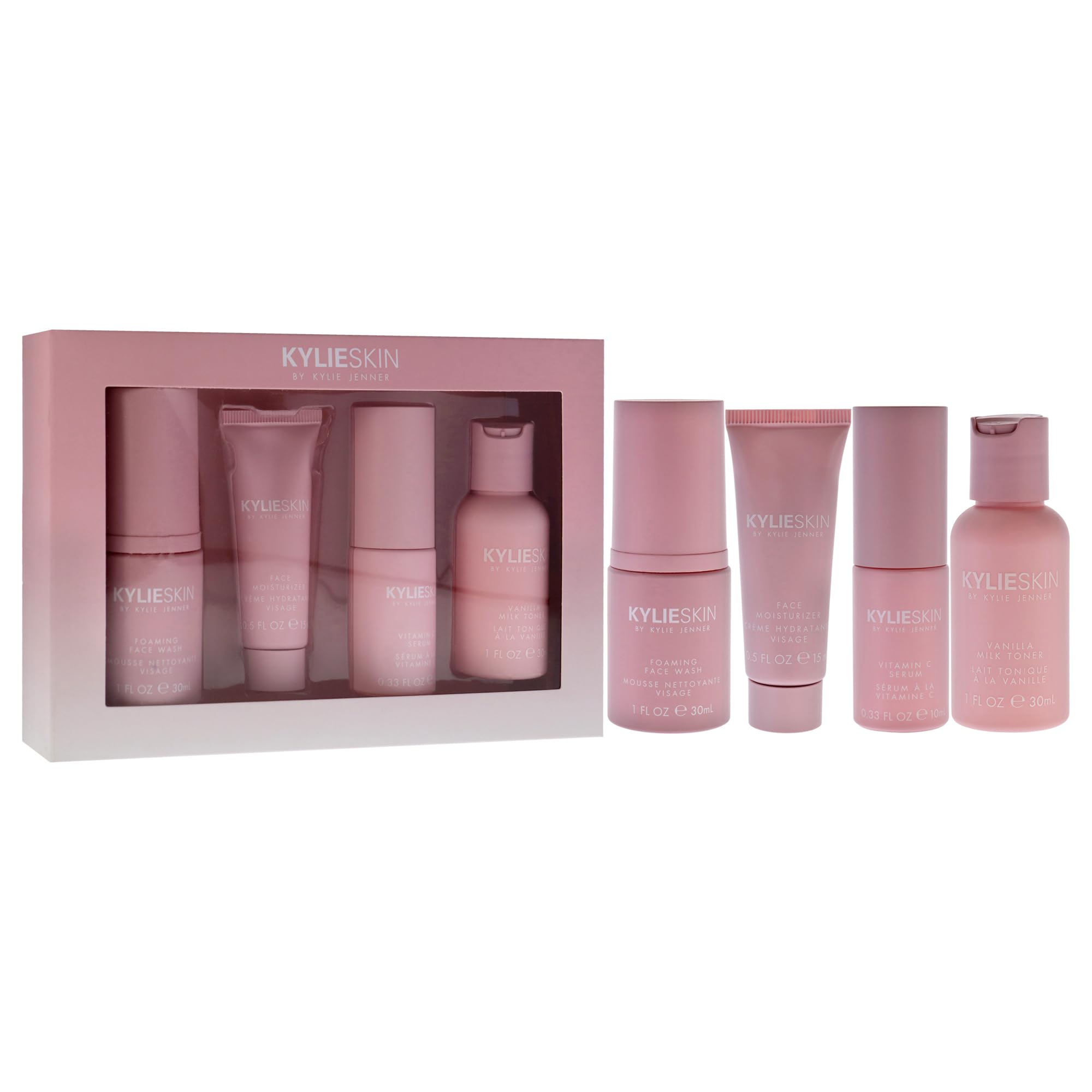 Skin Discovery Set by Kylie Cosmetics for Women - 4 Pc 1 oz Foaming Face Wash, 0.5 oz Face Moisturizer, 0.3 oz Vitamin C Serum, 1 oz Vanilla Milk Toner