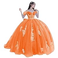 Women's Off Shoulder Quinceanera Dresses 3D Floral Ball Gown Puffy Tulle Sweet 16 Dresses Lace Prom Evening Dress