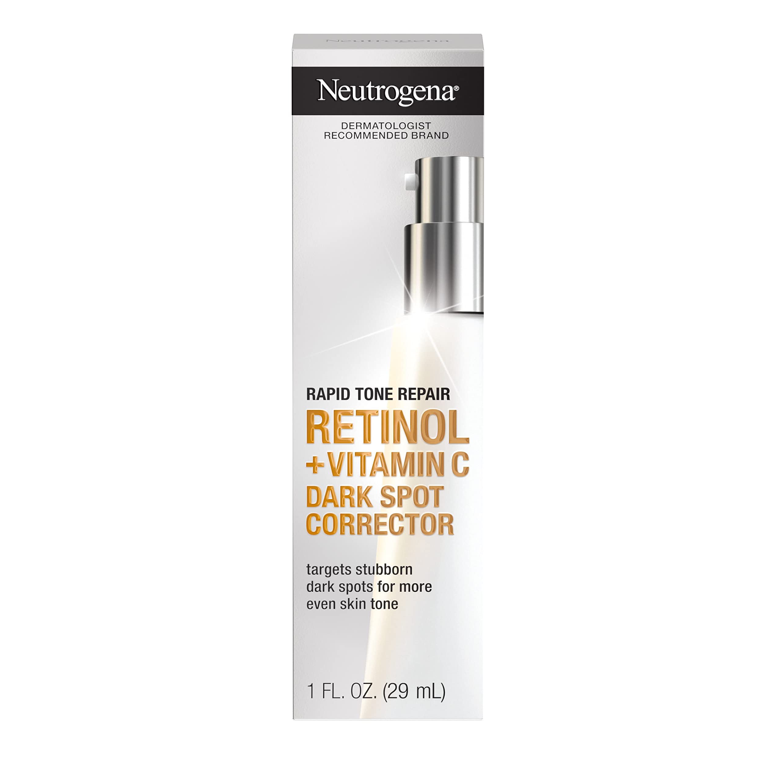 Neutrogena Rapid Tone Repair Retinol + Vitamin C Dark Spot Corrector Face Serum, Daily Anti-Wrinkle Retinol Dark Spot Corrector to Brighten & Even Tone, Mineral-Oil & Dye-Free, White, 1 oz