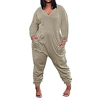 Jumpsuits for Women: Fashionable and Casual Plus Size Long Sleeve V-Neck Solid Color Rompers with Pockets