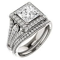Halo Prong Bridal Set, Princess Cut 2.10CT, Colorless Moissanite Diamond, 925 Sterling Silver Ring, Engagement Ring, Wedding Set, Antique 1920s Inspired Handmade Set
