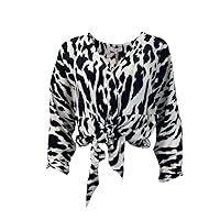 Parker Women's Animal Print Tie Front Blouse, Ivory Tiger, L