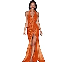 Mermaid Satin Halter Prom Dresses - Corset Formal Dresses Evening Party Gown with Slit