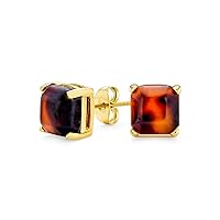 Brown Cushion Square 4 Prong Shaped Acrylic Tortoise Shell Stud Earrings For Women 8MM 14K Gold Plated Stainless Steel