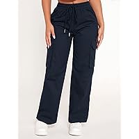 Women's Pants Pants for Women Drawstring Waist Flap Pocket Cargo Pants (Color : Navy Blue, Size : XX-Small)