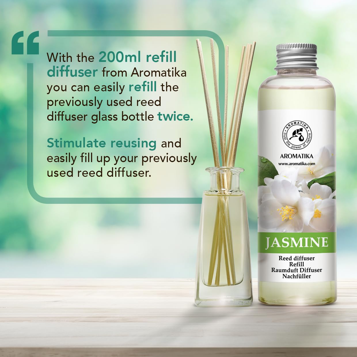 Jasmine Diffuser Refill, Natural Essential Jasmine Oil 6.8 Fl Oz (200ml) - Fresh & Long Lasting Fragrance - Scented Reed Diffuser Oil - Reed Diffuser Oil Refill Jasmine - Air Fresheners