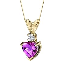 PEORA Created Pink Sapphire with Genuine Diamond Pendant in 14 Karat Yellow Gold, Heart Shape Solitaire, 6mm, 1.15 Carats total
