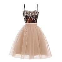 YINGJIABride Spaghetti Straps Tulle and Camo Cocktail Dance Prom Dress Bridesmaid Party Dresses Short