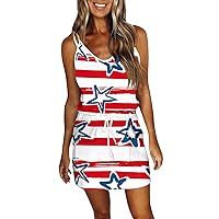 Women's 4Th of July Outfits Fashion Summer Printed Loose Sleeveless Pocket V-Neck Dress Dresses, S-3XL