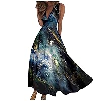 Summer Dresses for Women 2024 Flowy Ruched Printed Boho Sundresses Sleeveless Wrap V Neck Maxi Dress Beach Dresses