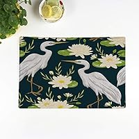 Set of 8 Placemats Heron Bird and Water Lily Swamp Flora Fauna Vintage 12.5x17 Inch Non-Slip Washable Place Mats for Dinner Parties Decor Kitchen Table
