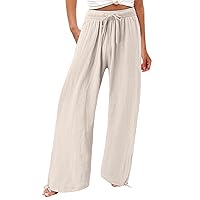 Bemona Linen Pants for Women Flowy Summer High Waisted Wide Leg Pant with Pockets Lounge Trousers Casual Palazzo Pants