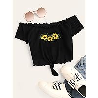 Women's Tops Women's Shirts Sexy Tops for Women Embroidered Sunflower Lettuce Trim Rib-Knit Bardot Top (Color : Black, Size : Medium)