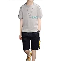 FEESHOW Children Boys T Shirt Tops and Cargo Shorts Outfit Cotton Round Neckline Tunic Short Bottom Summer Casual Sets