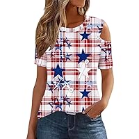 Summer Tunics for Ladies Round Neck Button Up Tshirts Sexy Checkered Stars Work Dressy Tshirts 4th of July USA 2024