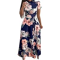 Women's Dress Swing Round Neck Trendy Flowy Casual Summer Short Sleeve Long Floor Maxi Foral Print Hawai Beach
