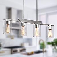 Kitchen Island Lighting, 4-Light Dining Room Light Fixture with Clear Glass Shade Linear Chandelier Brushed Nickel Pendant Lighting for Kitchen Island, Dining Room Light Fixture Over Table