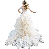 Melisa Women's Off Shoulder 3/4 Sleeves Lace Sequins Wedding Dresses for Bride with Ruffles Train Bridal Ball Gowns