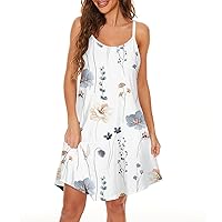 Summer Spaghetti Strap Dress for Women V Neck Casual Swing Tank Beach Cover Up Mini Sundress with Pockets