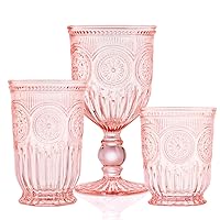 Yungala Pink Glassware Bundle - NEW Pink Wine Glasses Sunflower, Pink Highball Glasses - Sunflower & Small Pink Cups (Sunflower) - Matching Purple Glassware Sets with Sunflower Emboss Design
