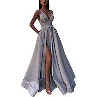 Women Wedding Guest Wrap V Neck Dresses Sleeveless Sexy Slim Fit Ruched Bridesmaid High Split Bodycon Swing Dress Formal Cocktail Party Evening Gown Dresses Grey