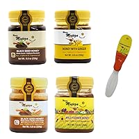 Pack of 4 Mujeza Raw Honey (1 Black Seed Honey + 1 Ginger Honey + 1 Wildflower Honey + 1 Cinnamon & Turmeric) Unheated - Unfiltered - Non GMO - Gluten Free - Unpasteurized - 250g / 8.8oz