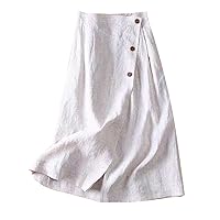 Cotton Linen Going Out Skirt for Womens Asymmetrical Button Midi Skirt Comfy Split Long Skirt with Pockets A-Line Skirt
