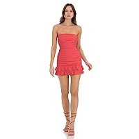 Flamingo Red Coral Bodycon Cocktail Valentine's Day Strapless Ruffle Sleeveless Tie Back Bow Back Mini Ruched Dress