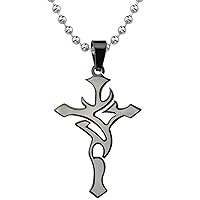 PEORA Stainless Steel Tribal Cross Pendant for Men with Black Enamel, Unique Two-Tone Design with Stainless Steel Ball Chain