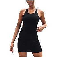Women's Round Neck Trendy Solid Color Slim Cami Dress Sleeveless Knee Length Dress Ruched Casual Summer Tank Dress Black