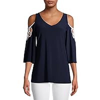 Vince Camuto Womens Navy Cold Shoulder Cut Out 3/4 Sleeve V Neck Top M