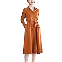 Womens V Neck Button Down Dress Long Sleeve Maxi Shirt Dress with Pockets with Belt