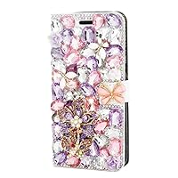 Crystal Wallet Phone Case Compatible with Samsung Galaxy S23 Ultra - Sunflower Butterfly - Purple - 3D Handmade Glitter Bling Leather Cover with Screen Protector & Neck Strip Lanyard