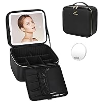 Relavel Travel Makeup Bag with LED Mirror, Cosmetic Bag Organizer Bag Makeup Case with Lighted Mirror 3 Color Lights, Portable Waterproof Makeup Box Adjustable Dividers 10X Magnifying Mirror, Black