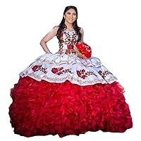 Modest Red 3D Patterned Floral African Flowers Prom Quinceanera Dresses Mexican Ball Gown Gold Embellished