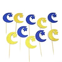 Gold Navy Blue Moon and Star Cupcake Topper Glitter Eid Mubarak Cupcake Picks for Baby Shower Birthday Wedding Ramadan Kareem Islamic Muslim Party Supplies 24pcs