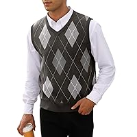 Mens Argyle Knitwear Vest V Neck Sleeveless Casual Slim Fit Pullover Knitted Sweater
